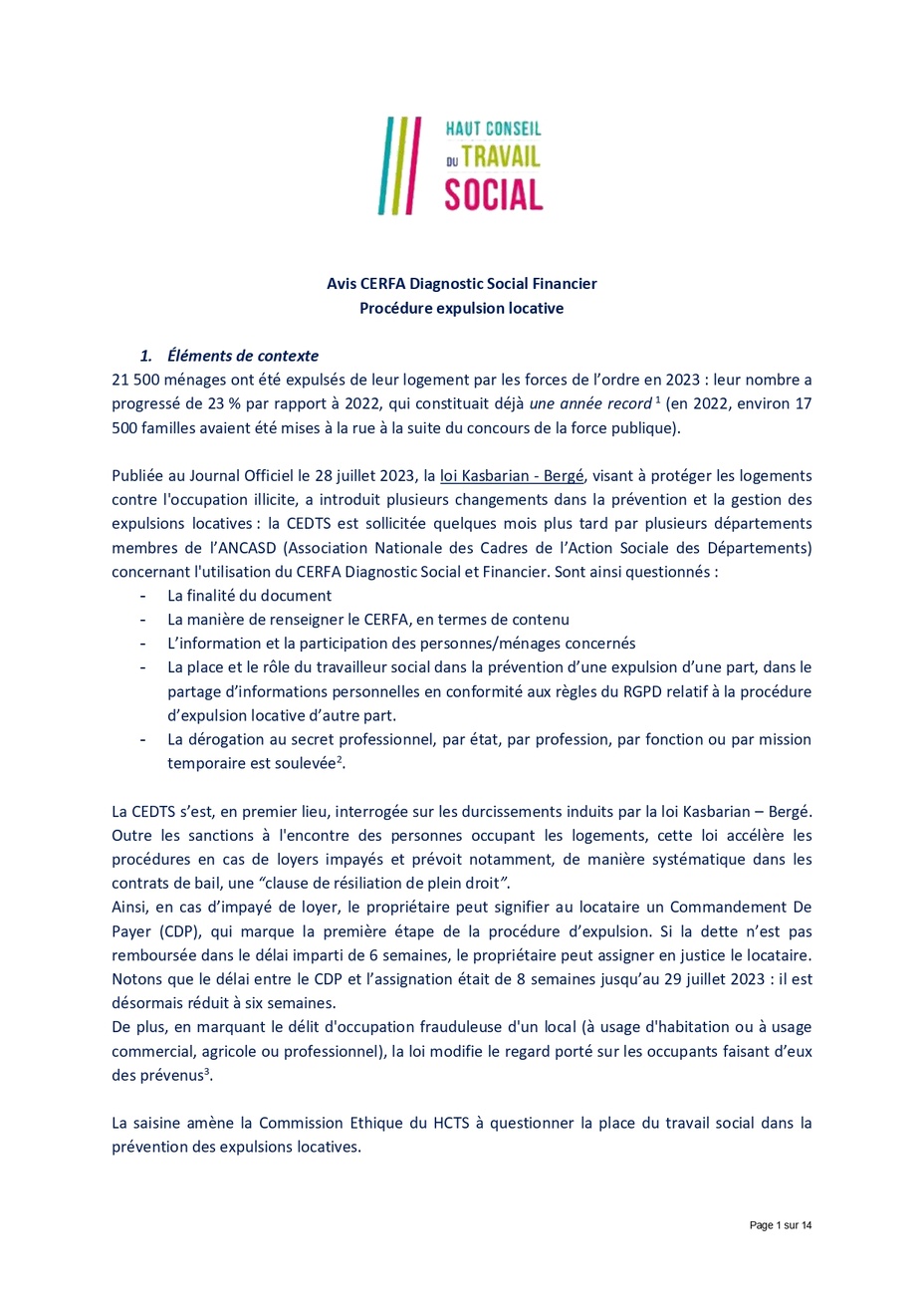 Avis CERFA Diagnostic Social Financier Procédure expulsion locative