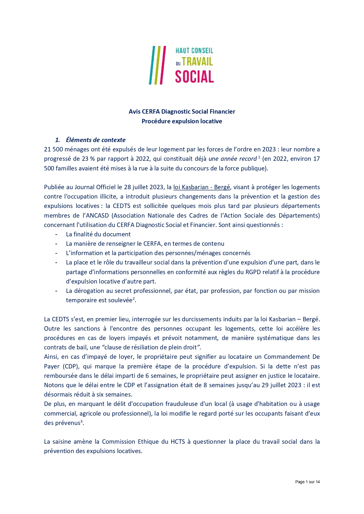 Avis CERFA Diagnostic Social Financier Procédure expulsion locative